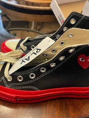 Comme des Garcons PLAY Black Canvas High-Top Sneakers with Red Sole